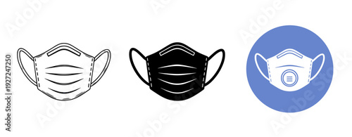 Variety of face mask icons: outline, solid, and blue circle design