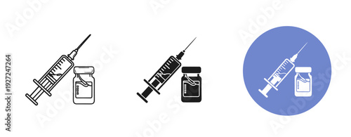 Syringe and vaccine icons set: medical symbols in different styles and colors