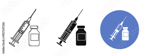 Syringe and medicine vial icons set: outline, solid, and circle styles