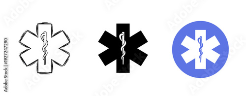 Three medical symbols: black and white caduceus emblems with blue variant