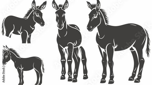 Silhouettes of four donkeys in various poses, artistic interpretations with bold outlines