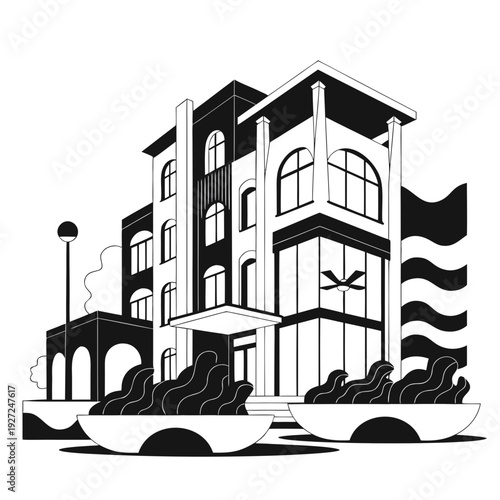 A large building with a flag and a boat in front