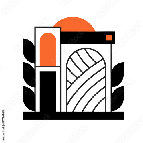 A black and orange illustration of a building with an archway
