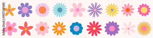 Colorful retro daisy vector flowers, simple geometric shapes, graphic design elements for greeting cards and summer designs