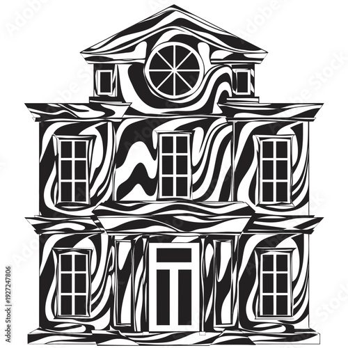 A black and white drawing of a house with a zebra print design