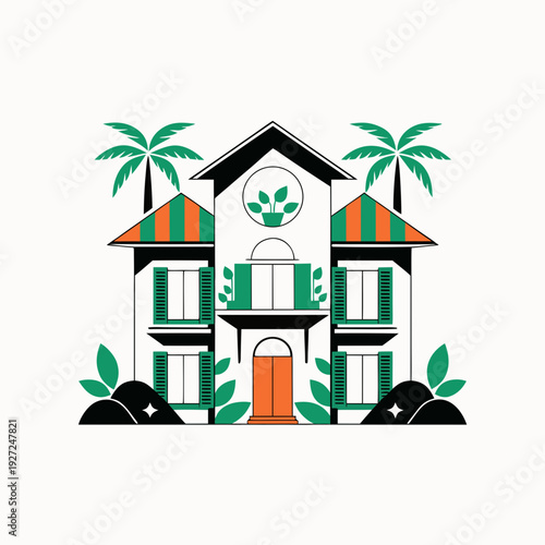 A colorful illustration of a house with palm trees