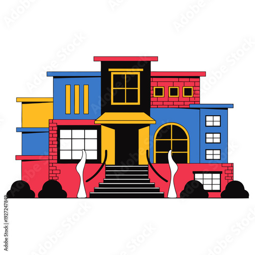 A colorful cartoon house with a staircase and several windows