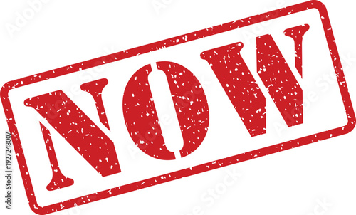 A striking red rubber stamp impression with a grunge texture prominently displays the word NOW on white