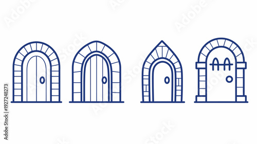 Four stylized doors with different arch shapes, outlined in dark blue. Each has a small door knob