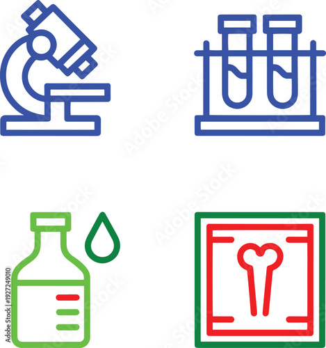 Medical research and health icons with microscope, test tubes, medicine bottle, and x-ray