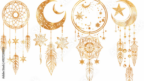 A collection of four gold dreamcatchers with stars, moons, and feathers on a white background