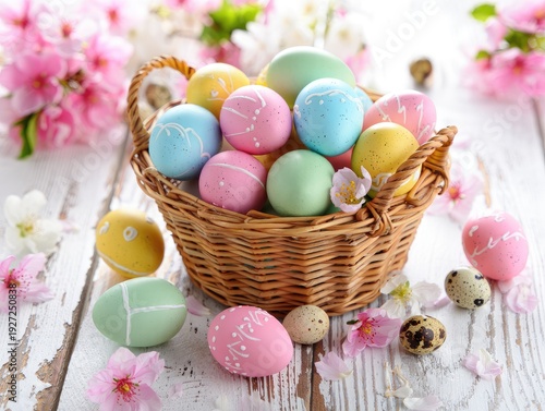 A Easter painted eggs in basket, AI generated image