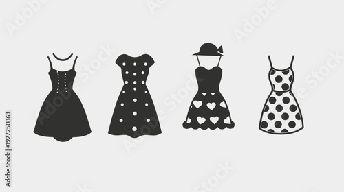 Four black silhouette dresses on a light gray background, differing in design and style