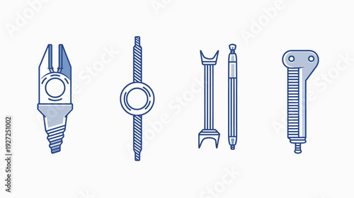 Vector illustration of various mechanical parts with blue and grey color scheme