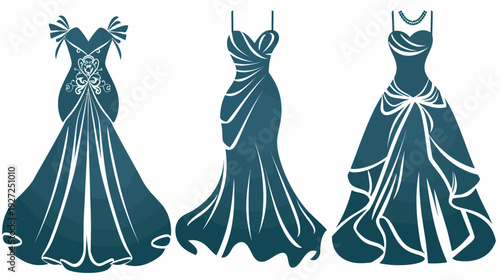Three elegant dress silhouettes in shades of teal, each with unique details