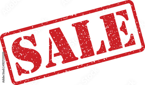 A vivid red distressed rectangular rubber stamp showcases the word SALE on an isolated pristine white background