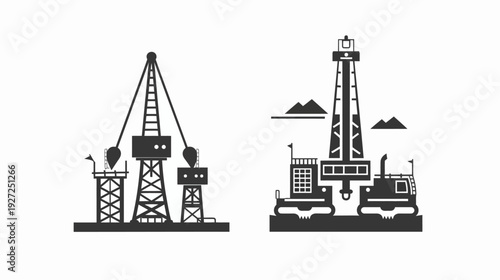 Silhouetted illustration showing two distinct depictions of oil derricks used in the oil industry