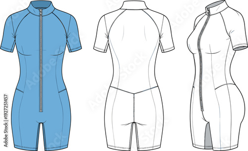Womens Short Sleeve Athletic Bodysuit CAD Drawing Flat Vector Illustration With Front Back Side View Featuring High Neck And Front Zipper