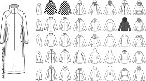 Technical Fashion Flat Sketch Bundle CAD Drawing Flat Vector Illustration Featuring Collection Of Hoodies Jackets Parkas And Activewear For Tech Packs