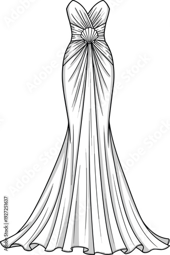 Strapless Mermaid Evening Gown CAD Drawing Flat Vector Illustration Featuring Ruched Bodice With Shell Detail and Elegant Flared Floor Length Skirt