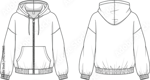 Unisex Oversized Zip Up Hoodie CAD Drawing Flat Vector Illustration With Front and Back View Featuring Drop Shoulder And Elastic Hem