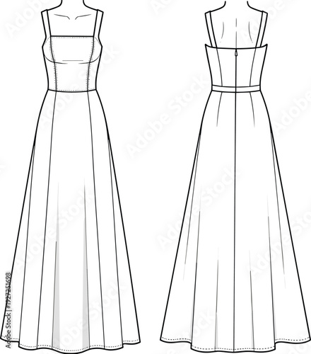Cad drawing flat vector illustration, of a women's elegant long maxi dress, with princess seams, square neckline, and back zipper.