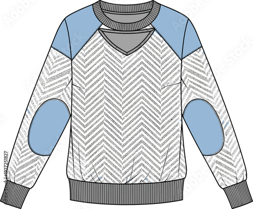 Cad drawing flat vector illustration of a women's chevron pattern sweatshirt with raglan sleeves, ribbed trim, elbow patches, and V-neck cutout.
