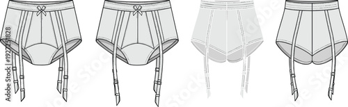 Cad drawing flat vector illustration, of women's high waisted lingerie garter belt, with adjustable straps, bow detail, and panel stitching.