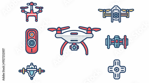 Set of seven illustrated drones and a remote, rendered in a flat, colorful, and cartoonish style