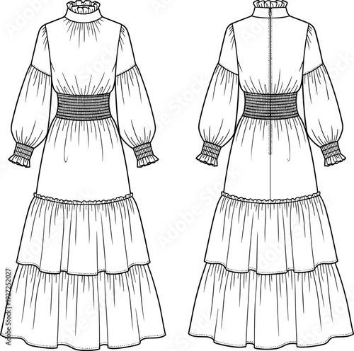 Women's High Neck Tiered Maxi Dress Technical Flat Sketch, Smocked Waist Lantern Sleeve Gown Vector Illustration, CAD Drawing Flat Vector Illustration, apparel.