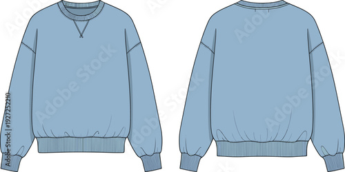Women's Oversized Crewneck Sweatshirt Technical Flat Sketch, Blue Pullover Long Sleeve Sweater Vector Illustration, CAD Drawing Flat Vector Illustration, apparel.