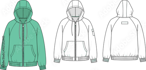 Unisex Raglan Zip Up Hoodie Technical Flat Sketch, Mint Green Sweatshirt Vector Illustration, Front and Back CAD Drawing, apparel, fashion.