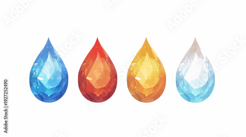 Watercolor illustration of four colorful, gem-like teardrops with varying hues and textures