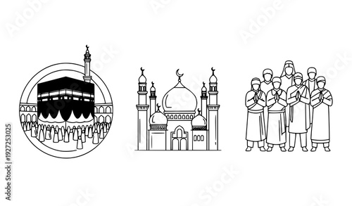 Minimal Islamic Line Art Set Kaaba Mosque Minaret and Prayer Scene Vector