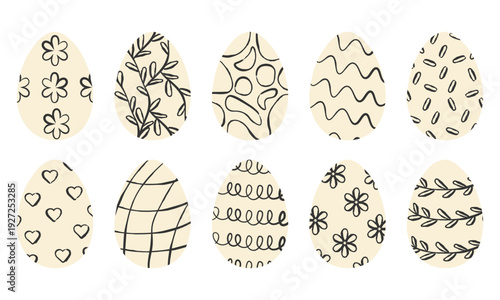 Collection of Easter eggs with various minimalist black ink ornaments on beige background. Decorative vector set with flowers and leaves and hearts for spring holiday design and greeting cards