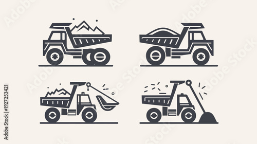 Four black and white illustrations of heavy construction vehicles dump trucks and excavators