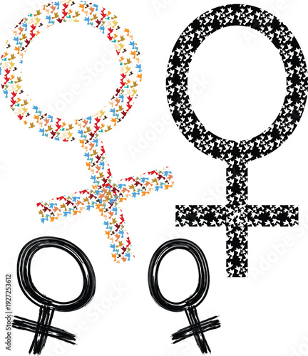 Mothers Day Female symbols made of birds and brush strokes venus symbol