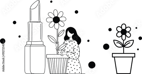 Mothers Day Woman holding flower next to lipstick and potted plant