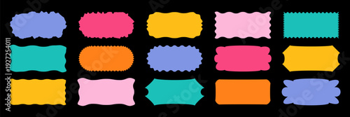 Wavy organic rectangle bright colorful abstract shapes on black background with curvy hand-drawn edges. Playful frames and text boxes for banners, posters, stickers, modern design, vector illustration