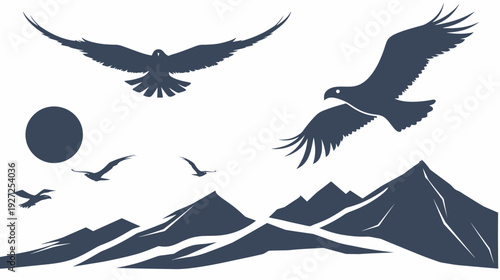 A serene silhouette of birds soaring over mountainous terrain and a setting sun