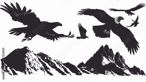 Silhouetted illustration of flying eagles and majestic mountains against a pristine white background