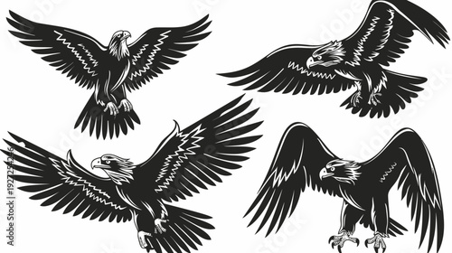 A collection of four soaring raptor silhouettes in dynamic poses with spread wings, in black