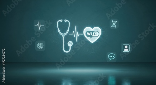 Futuristic Telemedicine Hologram with Stethoscope and Medical Icons in Minimalist Architectural Space