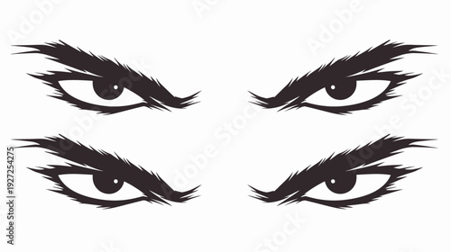 Four stylized eye designs in black, a bold graphic with sharp edges and a white background
