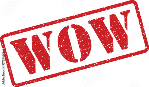 Red grunge rubber stamp with the word WOW boldly printed inside a rectangular border on a white surface