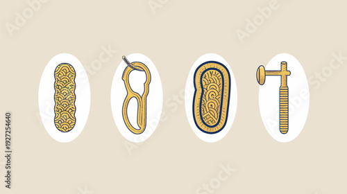 Four stylized illustrations, each in a white oval, featuring a tower, figure-eight, oval, and hammer