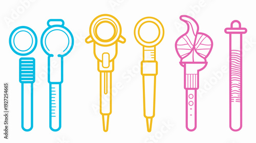 Colorful vector illustration featuring various scientific tools and lab equipment in outlines