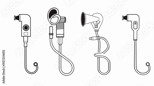 Black and white illustration of four medical tools resembling hearing and other healthcare devices