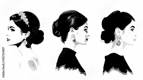 Three minimalist black and white portraits of stylish women in profile, adorned with jewelry
