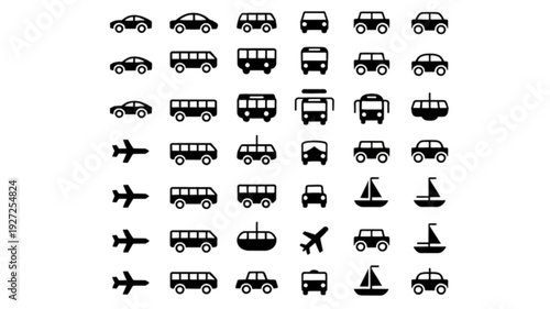 Various Transport Vehicles Icons isolated on transparent background.